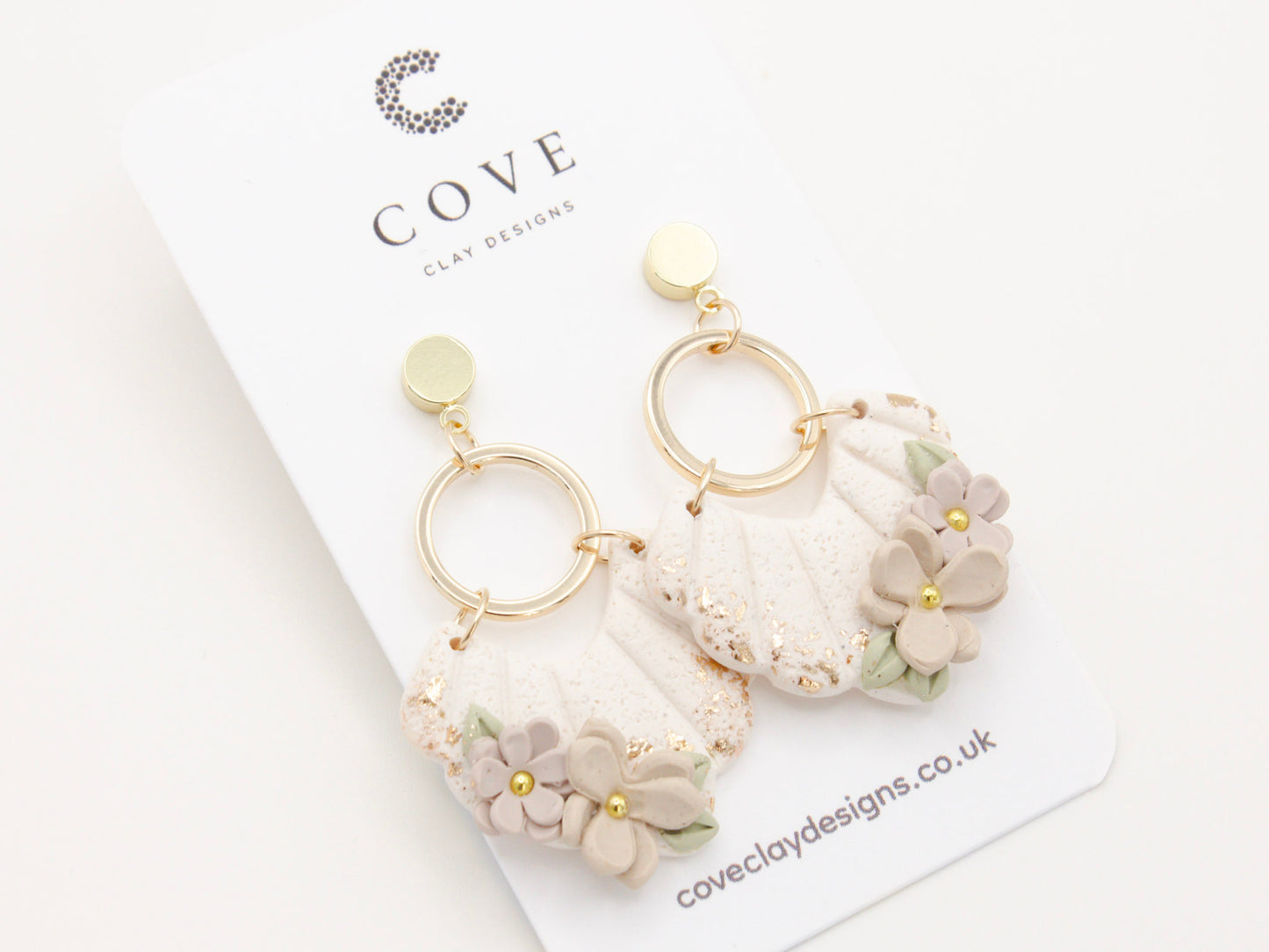 Handmade White Flower Polymer Clay Dangle Earrings by Cove Clay Designs