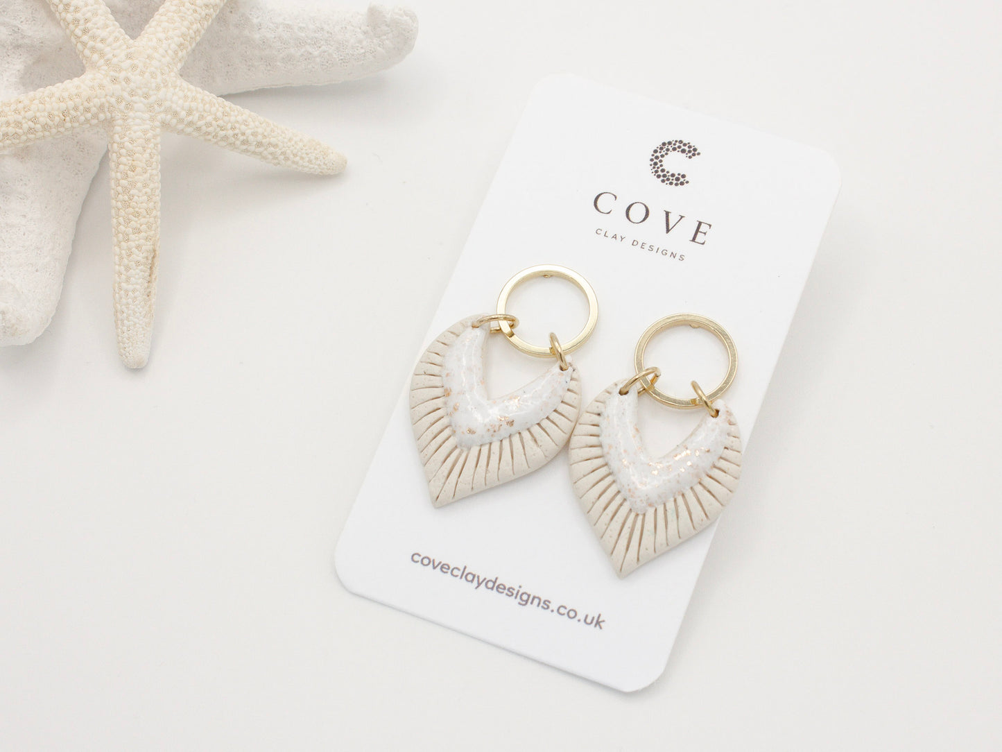 Handmade White Beige Fan Polymer Clay Dangle Earrings for Women by Cove Clay Designs