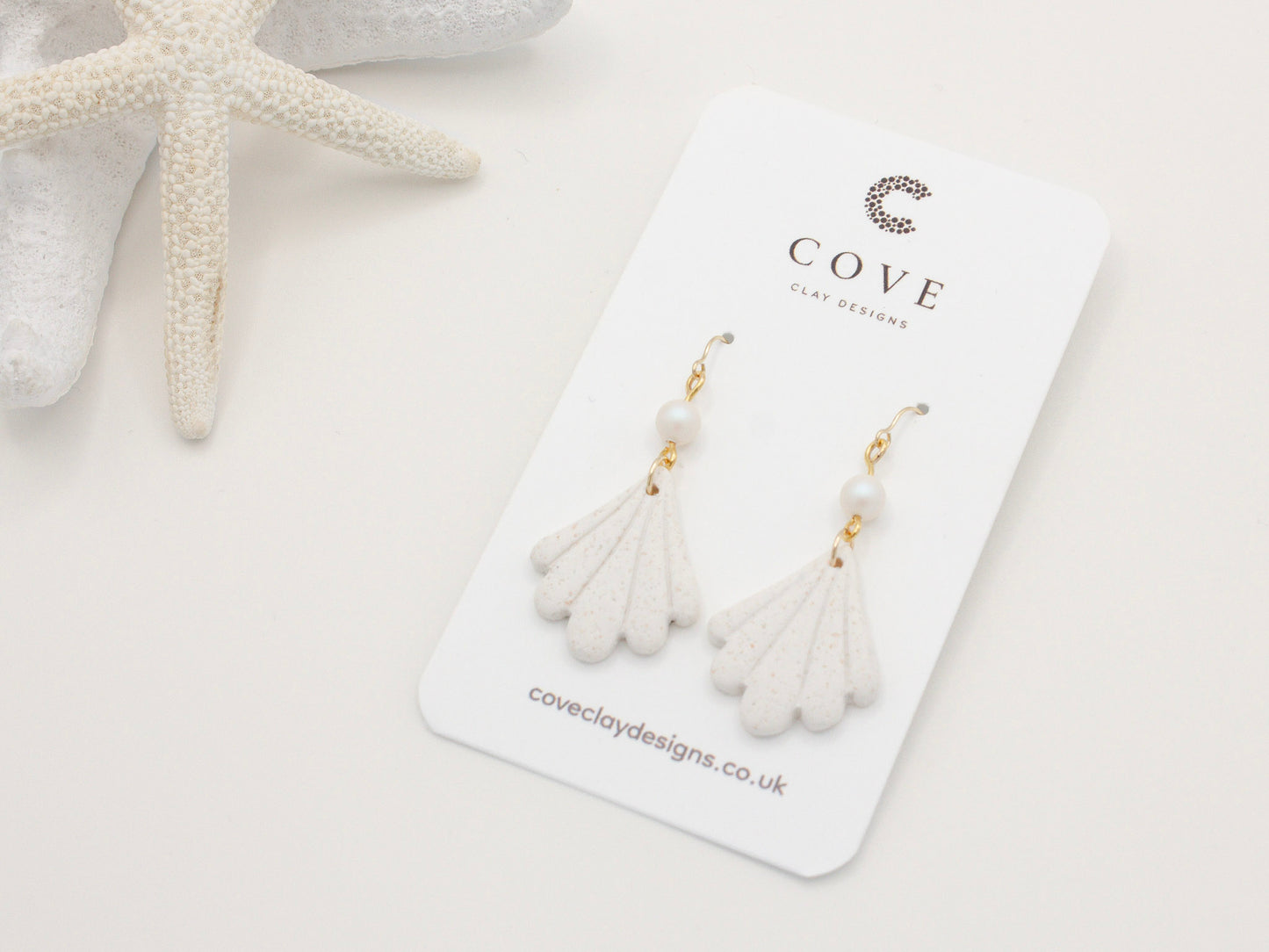 Handmade Scallop Shell with Swarovski Pearls Polymer Clay Earrings