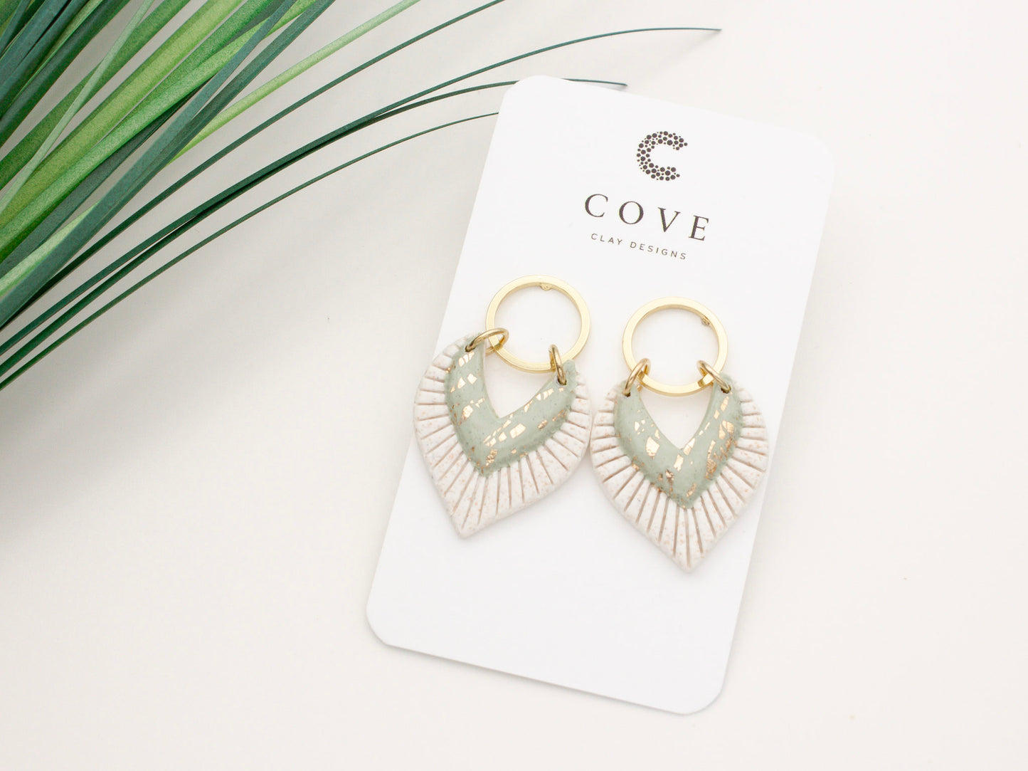 Handmade Green Fan Polymer Clay Dangle Earrings for Women by Cove Clay Designs