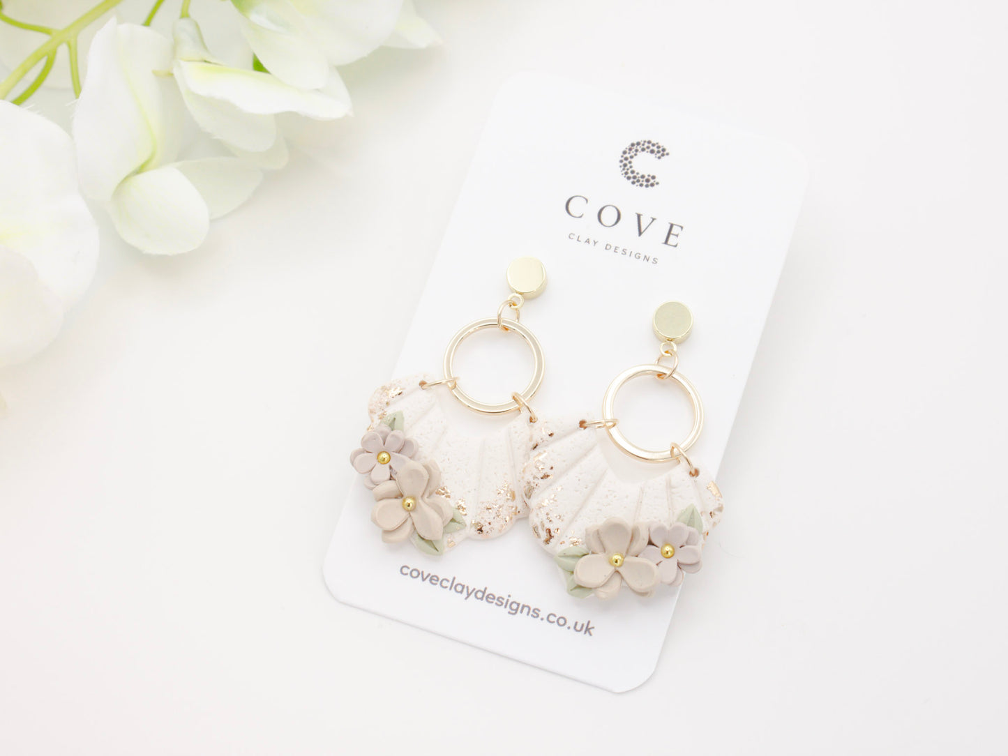 Handmade White Flower Polymer Clay Dangle Earrings by Cove Clay Designs