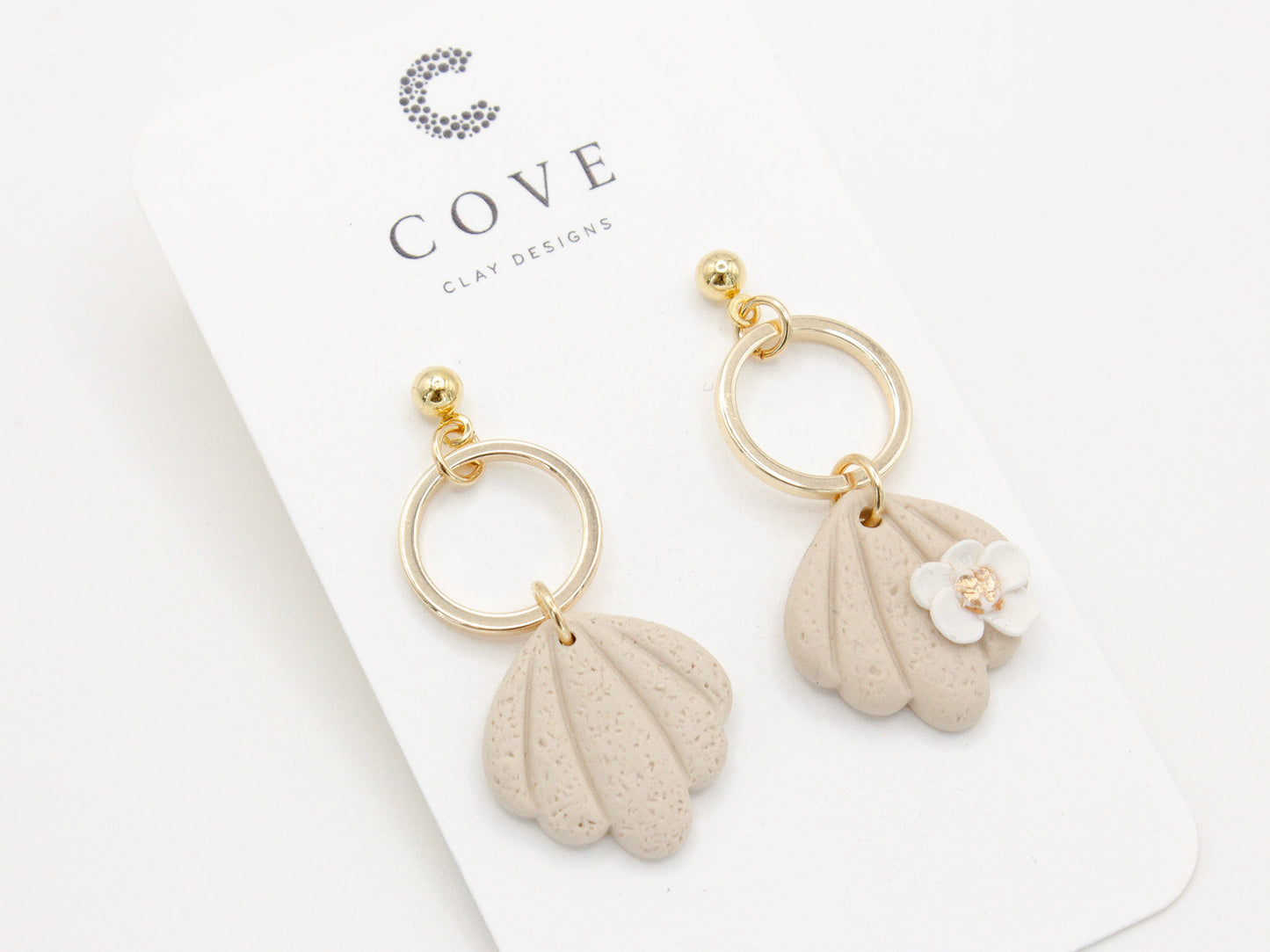 Handmade Beach Shell Polymer Clay Earrings with White Flower by Cove Clay Designs