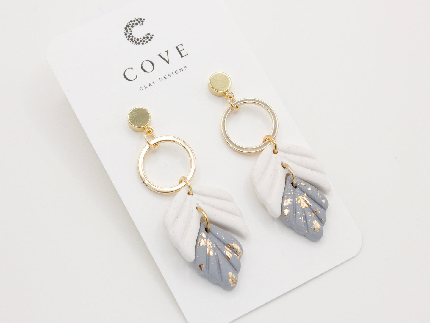 Handmade Dusty Blue White Leaf Polymer Clay Dangle Earrings by Cove Clay Designs