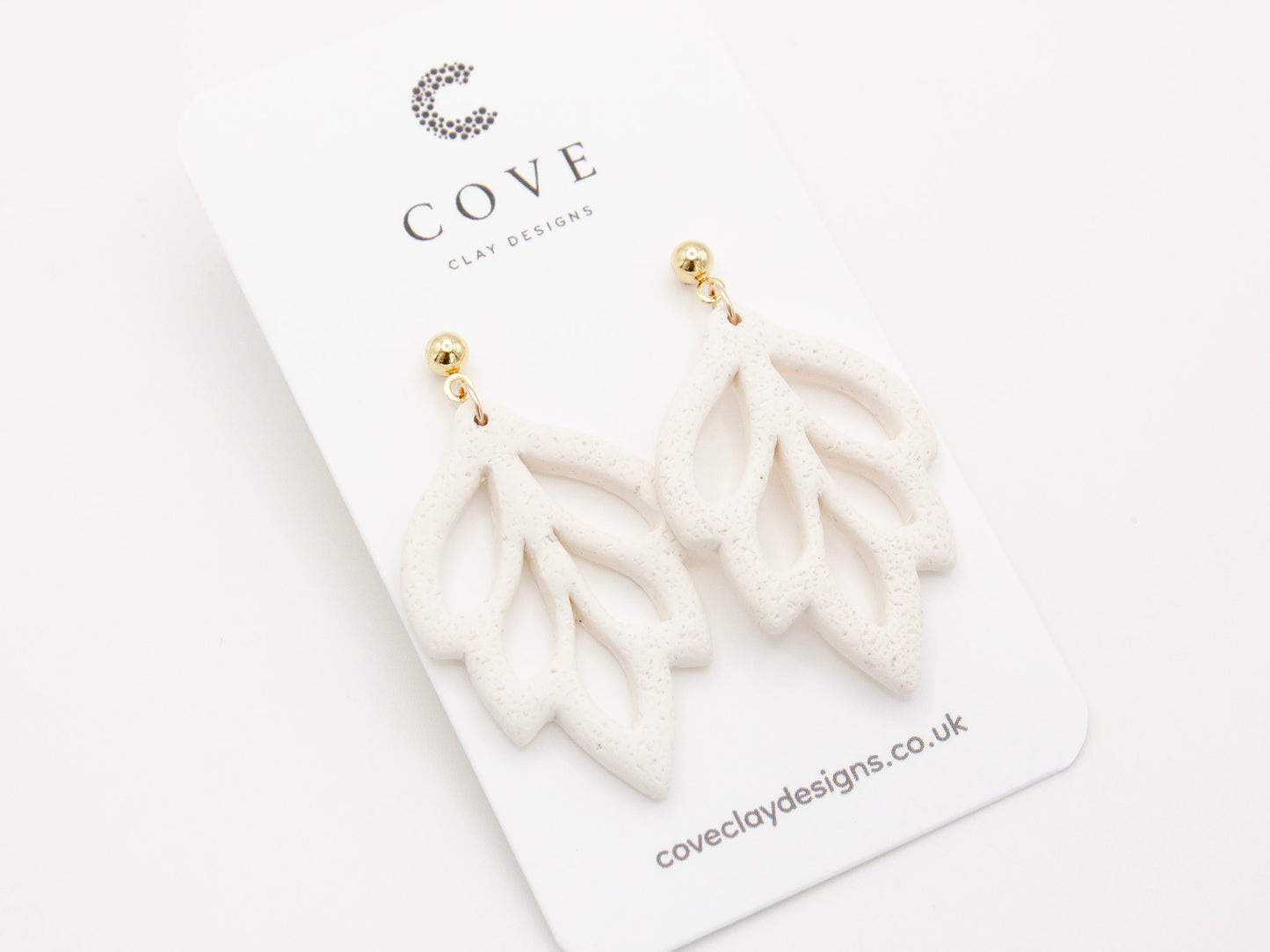 Handmade White Leaf Polymer Clay Dangle Earrings