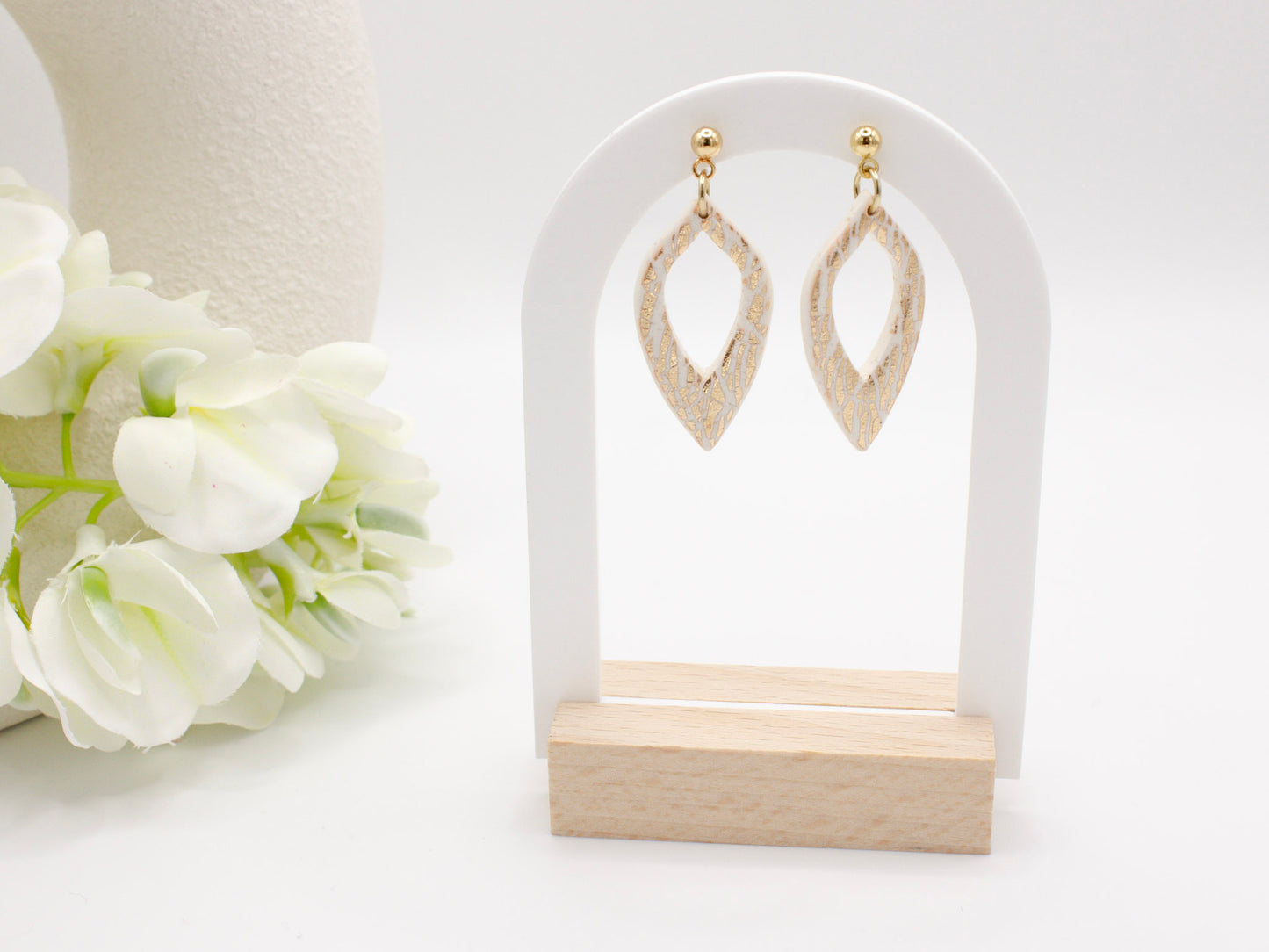 Handmade Gold Tropical Leaf Print Polymer Clay Earrings by Cove Clay Designs