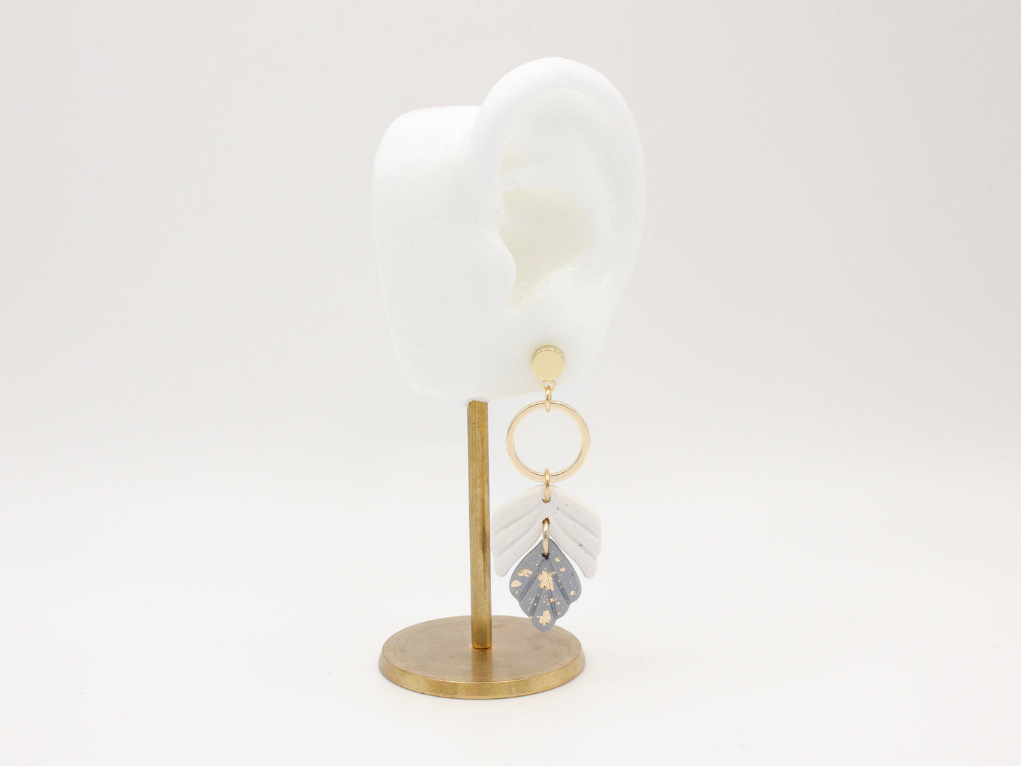 Handmade Dusty Blue White Leaf Polymer Clay Dangle Earrings by Cove Clay Designs