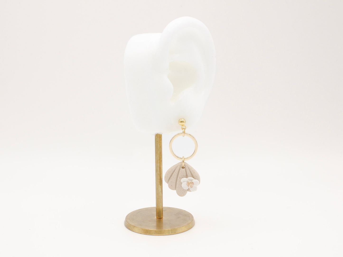Handmade Beach Shell Polymer Clay Earrings with White Flower by Cove Clay Designs