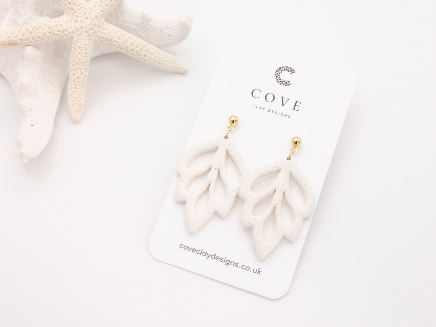 Handmade White Leaf Polymer Clay Dangle Earrings