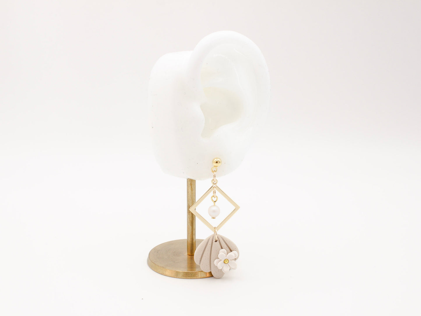 Handmade Beach Shell Polymer Clay Earrings with White Flower by Cove Clay Designs