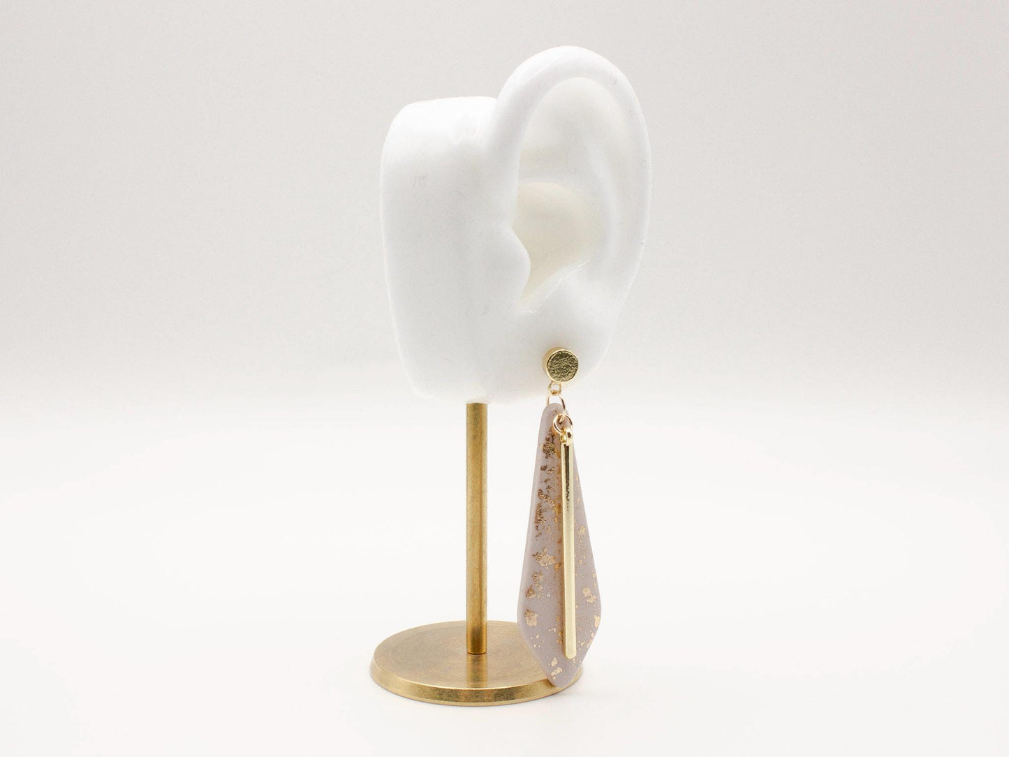 Handmade long dusty mauve dangle clay earrings with gold stud posts.