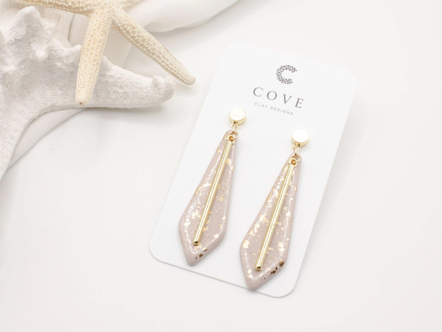 Handmade long dusty mauve dangle clay earrings with gold stud posts.