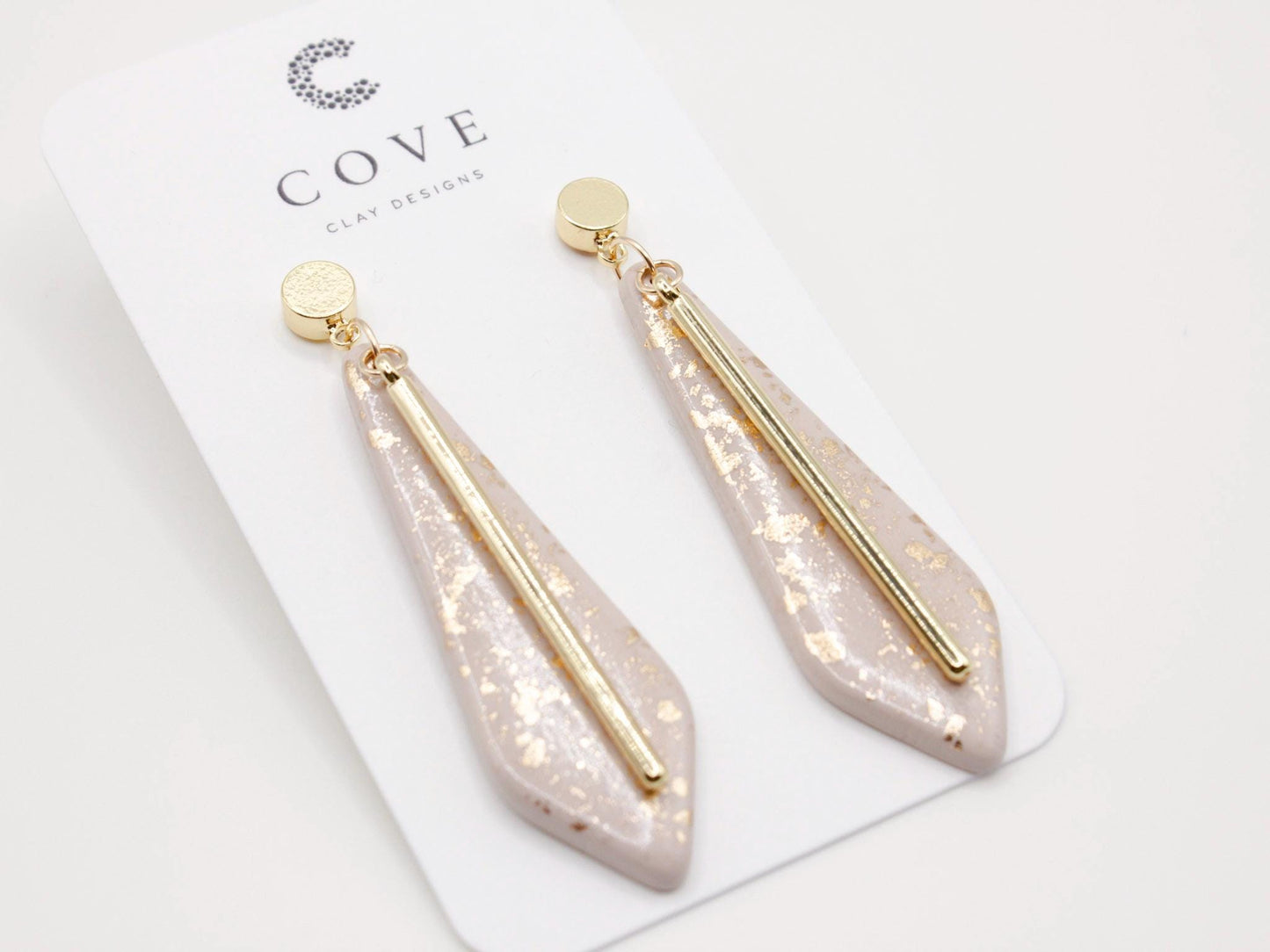 Handmade long dusty mauve dangle clay earrings with gold stud posts.