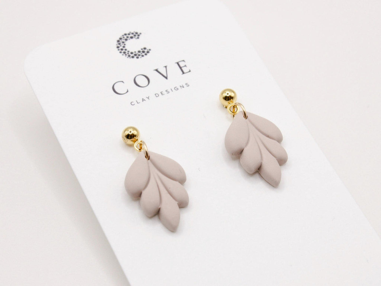 Handmade mini mauve leaf polymer clay earrings by Cove Clay Designs