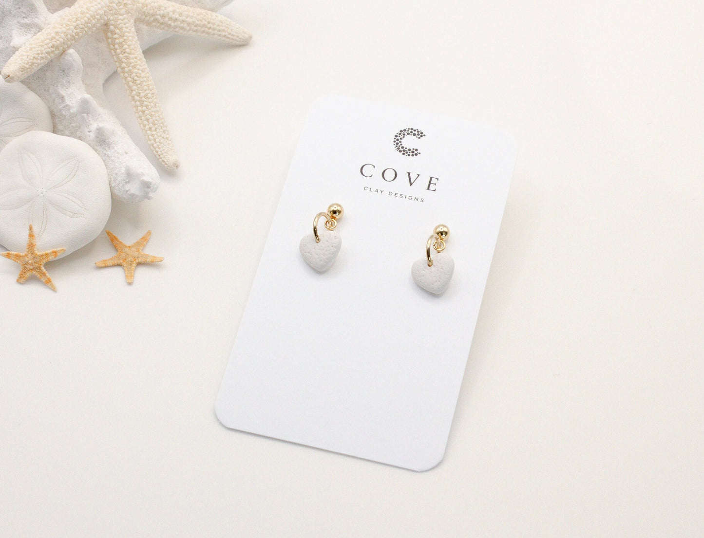 COVE Clay Designs Handmade Mini White Heart Polymer Clay Beach Earrings