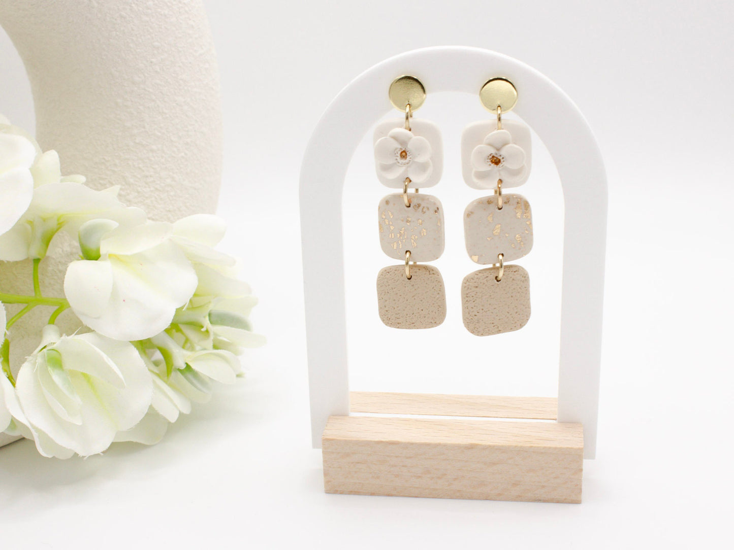 Handmade Square Flower Dangle Polymer Clay Earrings by Cove Clay Designs