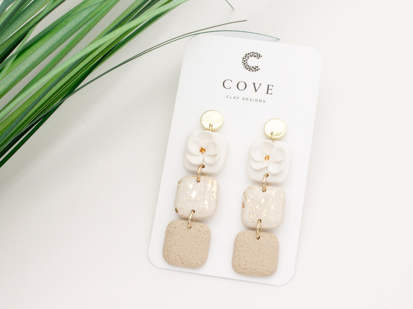 Handmade Square Flower Dangle Polymer Clay Earrings by Cove Clay Designs