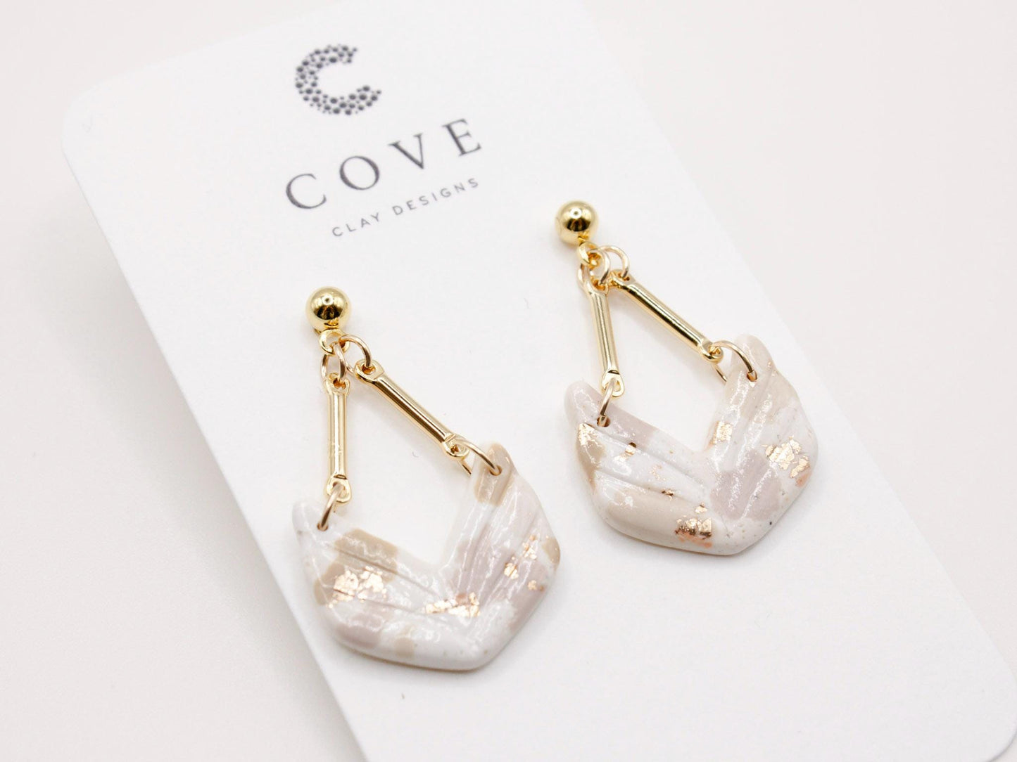 Handmade terrazzo geometric chevron clay earrings with gold stud posts by Cove Clay Designs