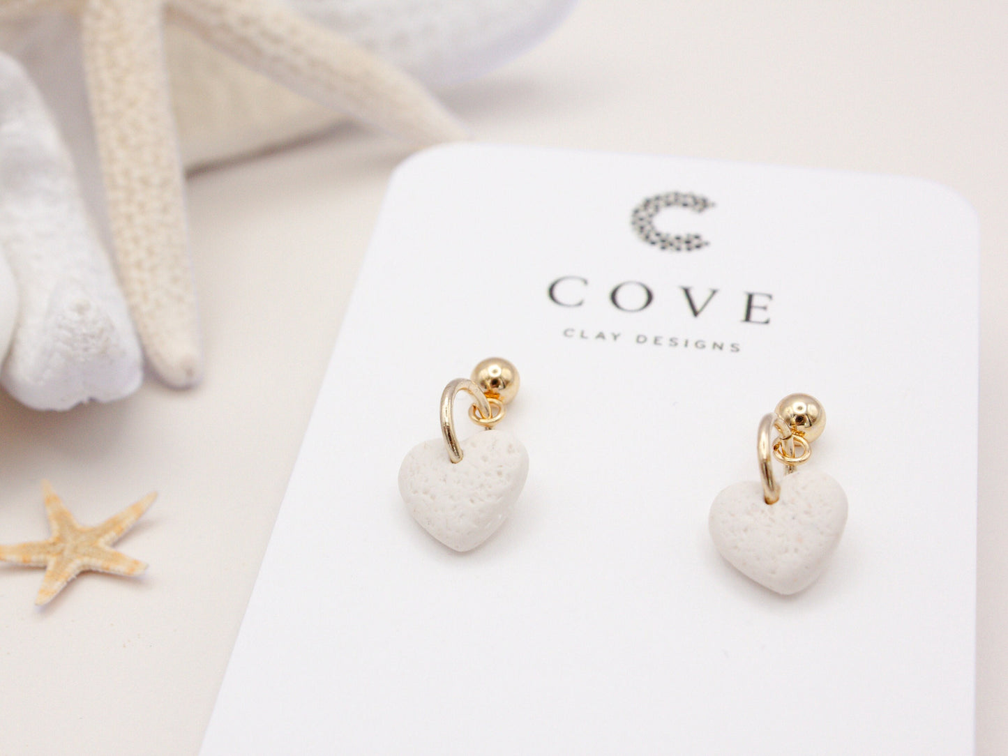 COVE Clay Designs Handmade Mini White Heart Polymer Clay Beach Earrings