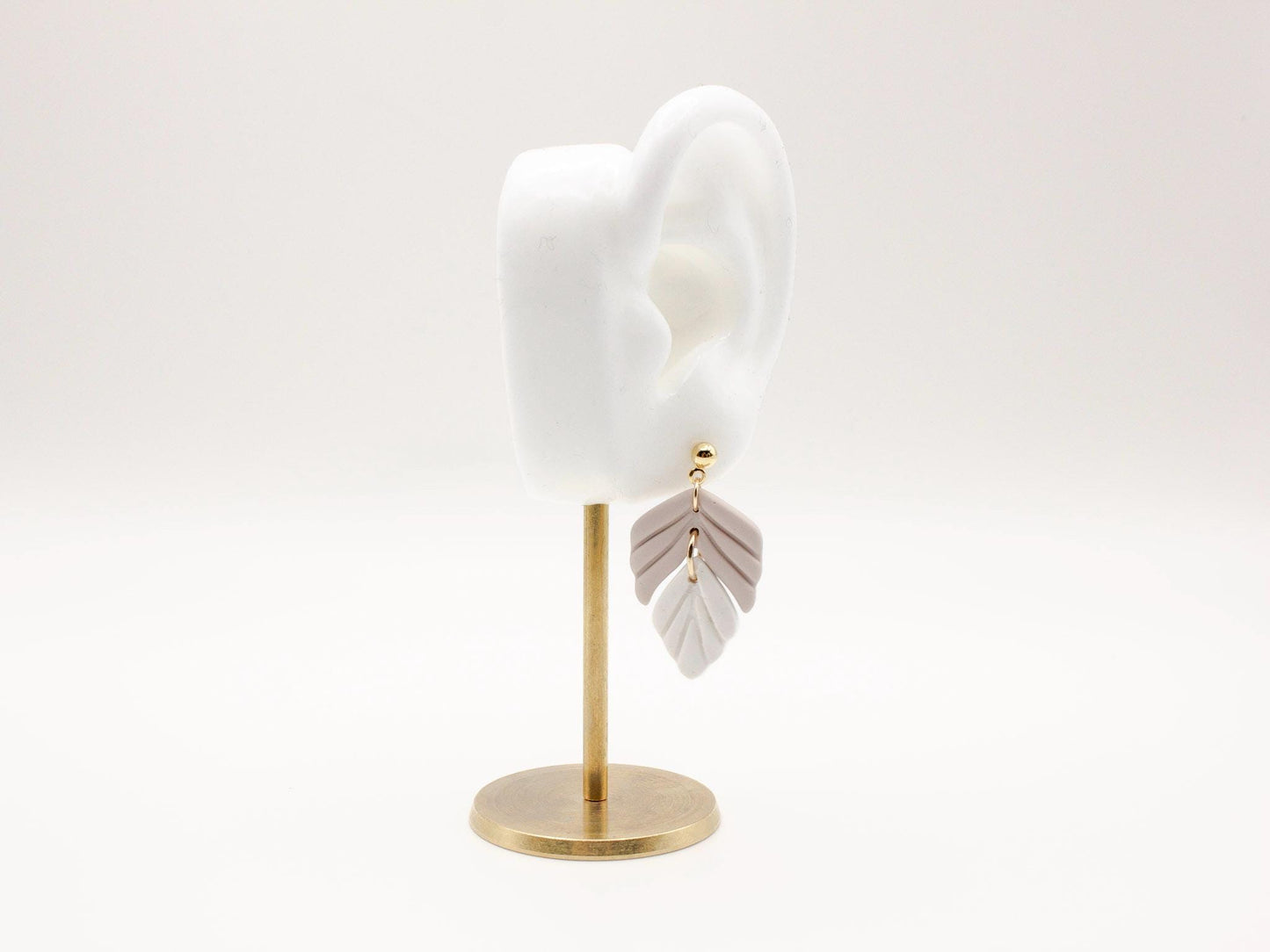 Handmade mauve and white leaf polymer clay earrings by Cove Clay Designs