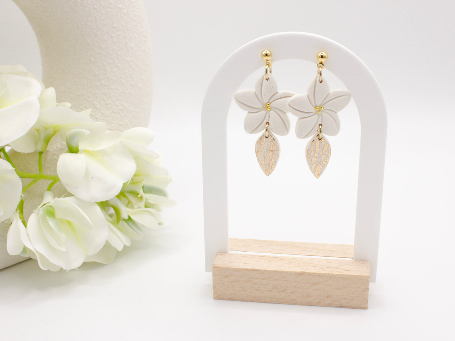 Handmade white plumeria tropical flower clay earrings