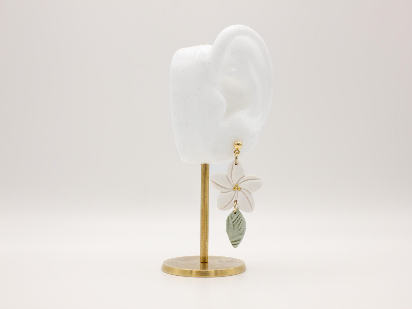 Handmade white plumeria tropical Hawaiian flower clay earrings by Cove Clay Designs