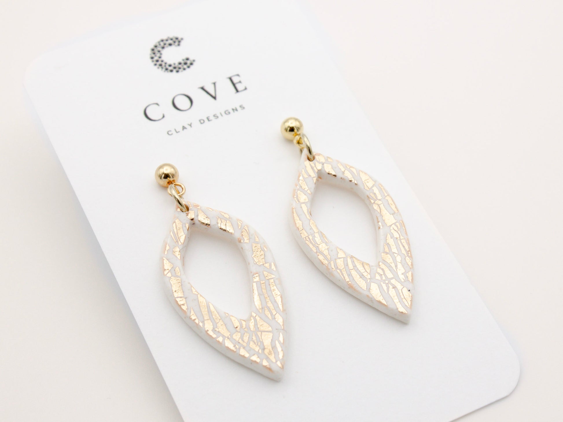 Handmade Gold Tropical Leaf Print Polymer Clay Earrings by Cove Clay Designs