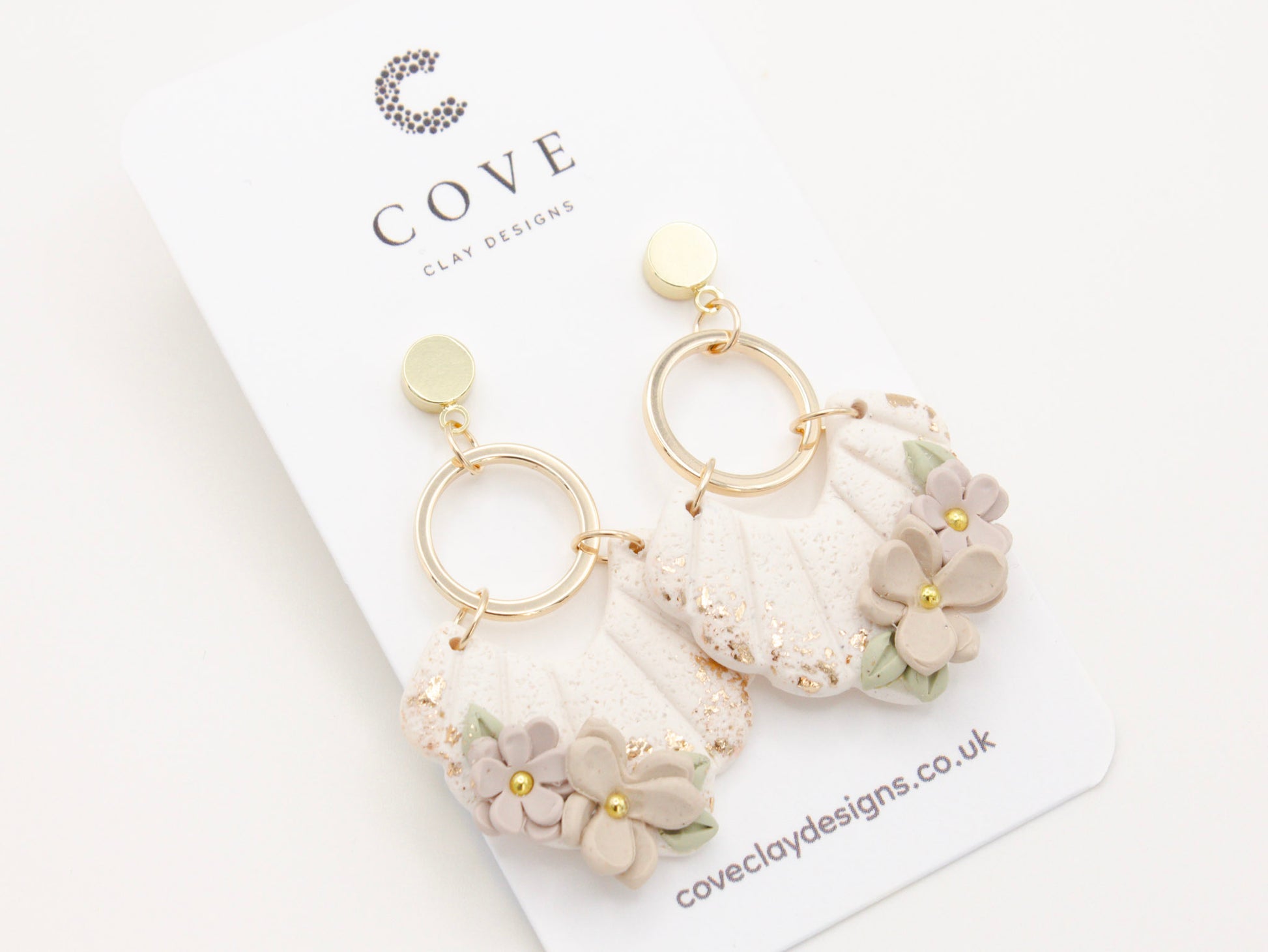 Handmade White Flower Polymer Clay Dangle Earrings by Cove Clay Designs