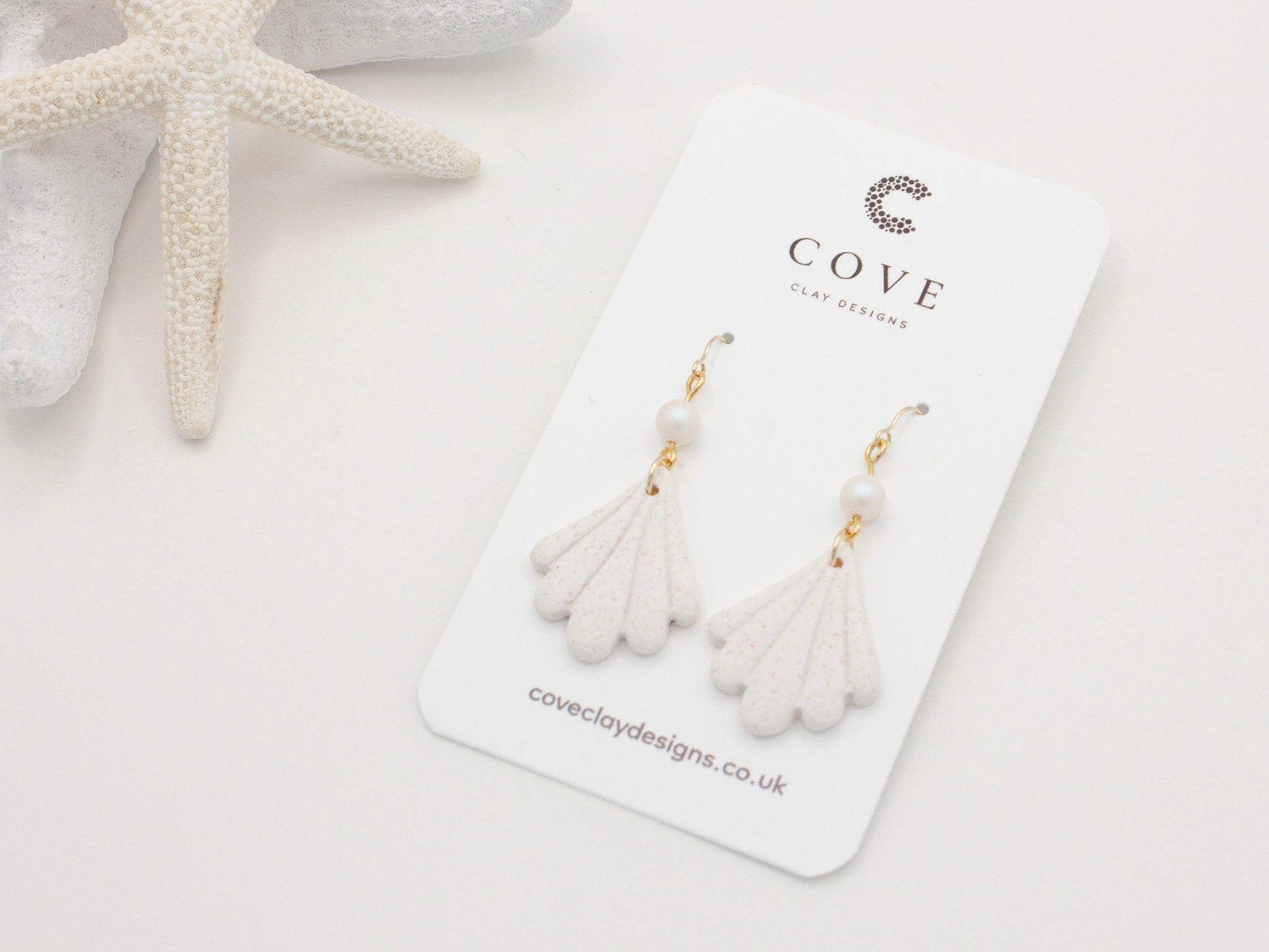 Handmade Scallop Shell with Swarovski Pearls Polymer Clay Earrings 