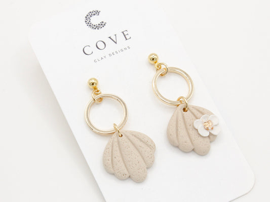 Handmade Beach Shell Polymer Clay Earrings with White Flower by Cove Clay Designs