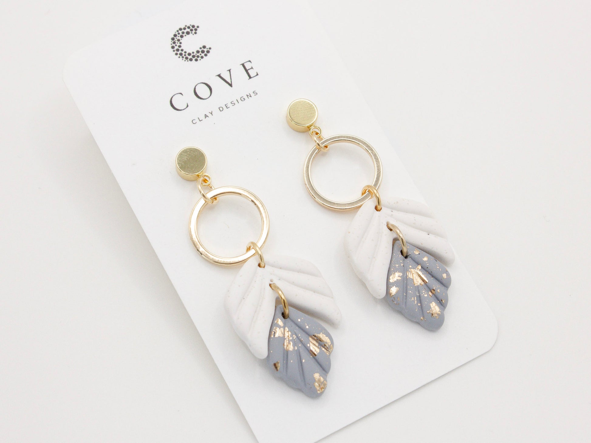 Handmade Dusty Blue White Leaf Polymer Clay Dangle Earrings by Cove Clay Designs