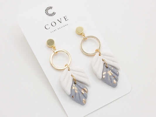 Handmade Dusty Blue White Leaf Polymer Clay Dangle Earrings by Cove Clay Designs