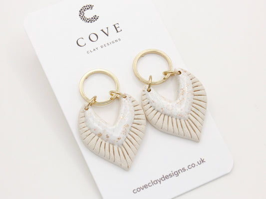 Handmade White Beige Fan Polymer Clay Dangle Earrings for Women by Cove Clay Designs 