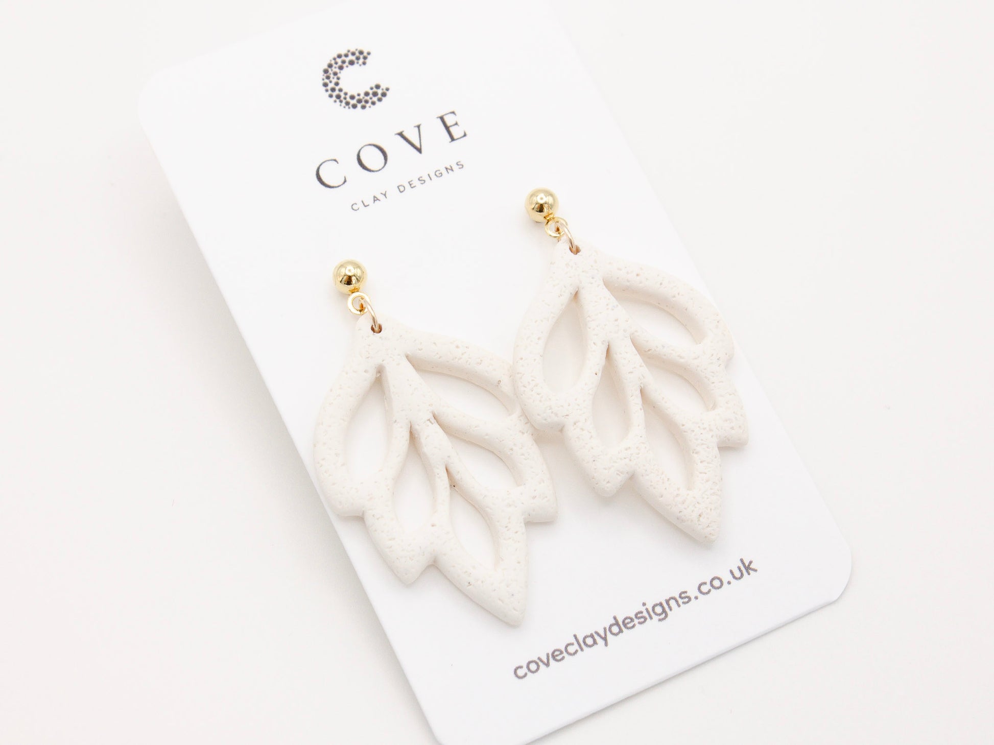 Handmade White Leaf Polymer Clay Dangle Earrings 