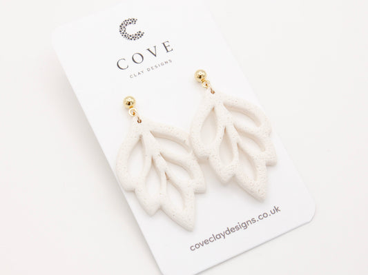 Handmade White Leaf Polymer Clay Dangle Earrings 