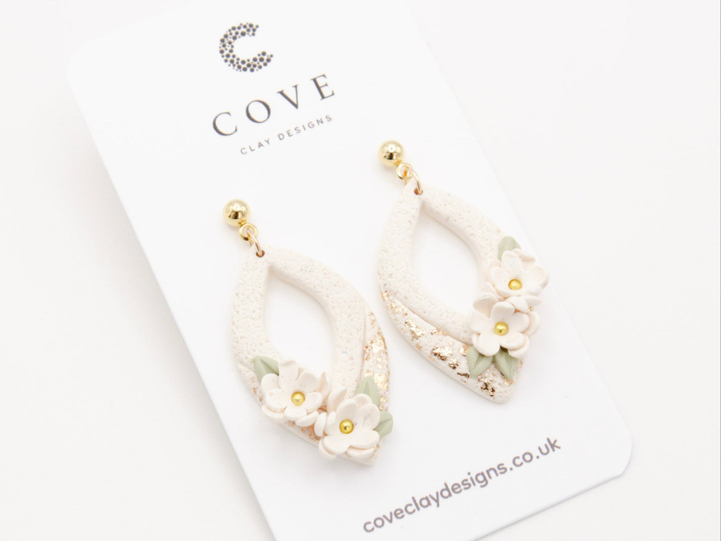 Handmade White Flower Polymer Clay Earrings by Cove Clay Designs