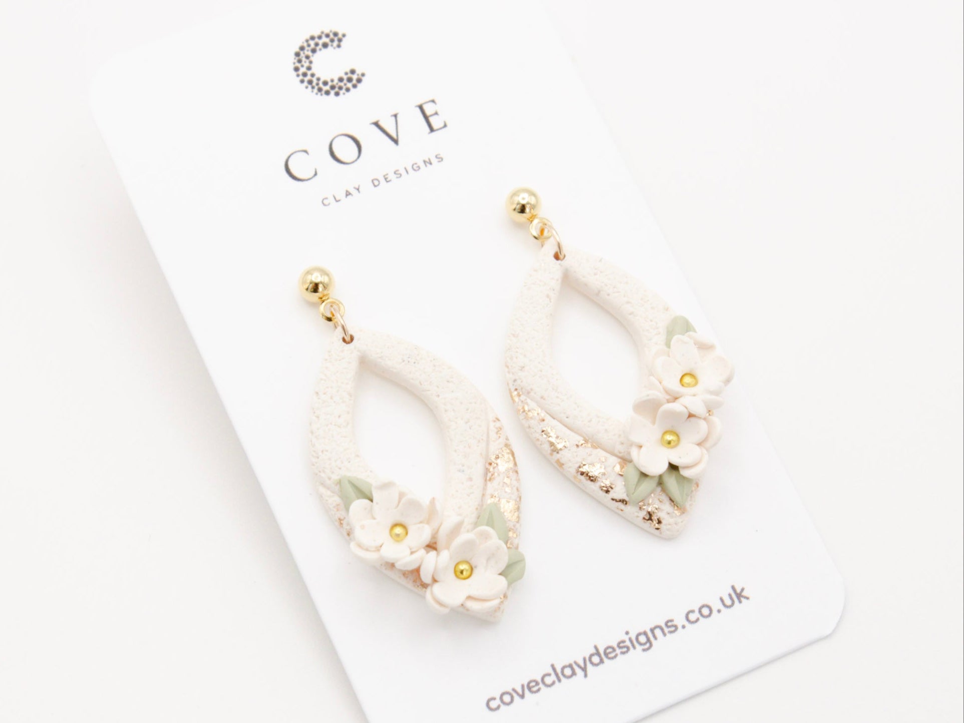 Handmade White Flower Polymer Clay Earrings by Cove Clay Designs