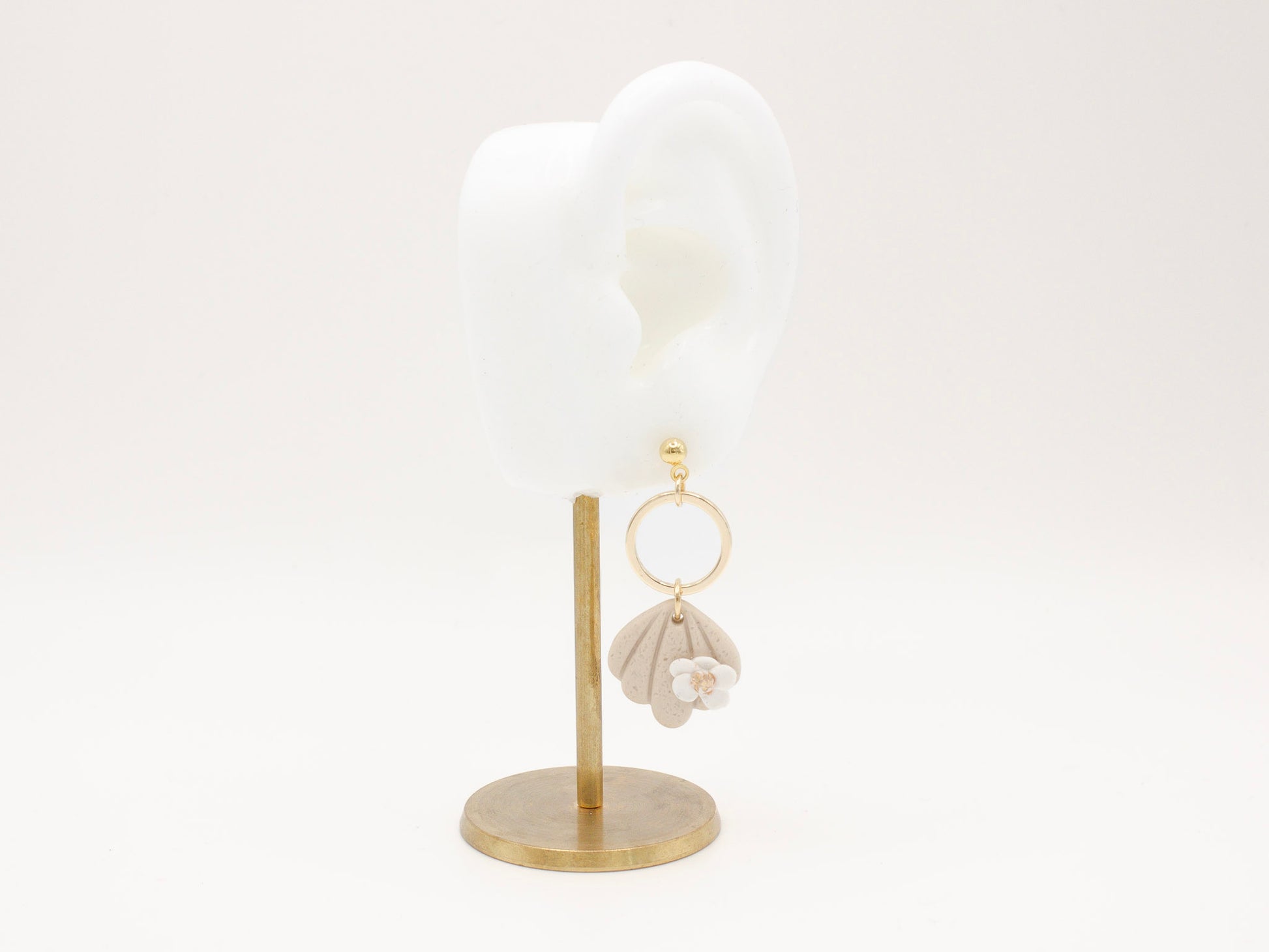 Handmade Beach Shell Polymer Clay Earrings with White Flower by Cove Clay Designs