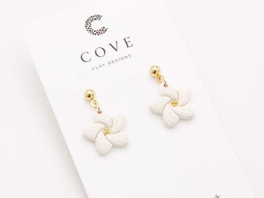 Handmade White Tropical Flower Polymer Clay Earrings by Cove Clay Designs