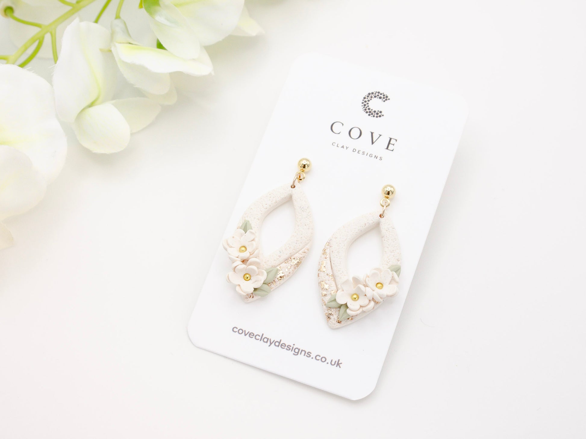 Handmade White Flower Polymer Clay Earrings by Cove Clay Designs
