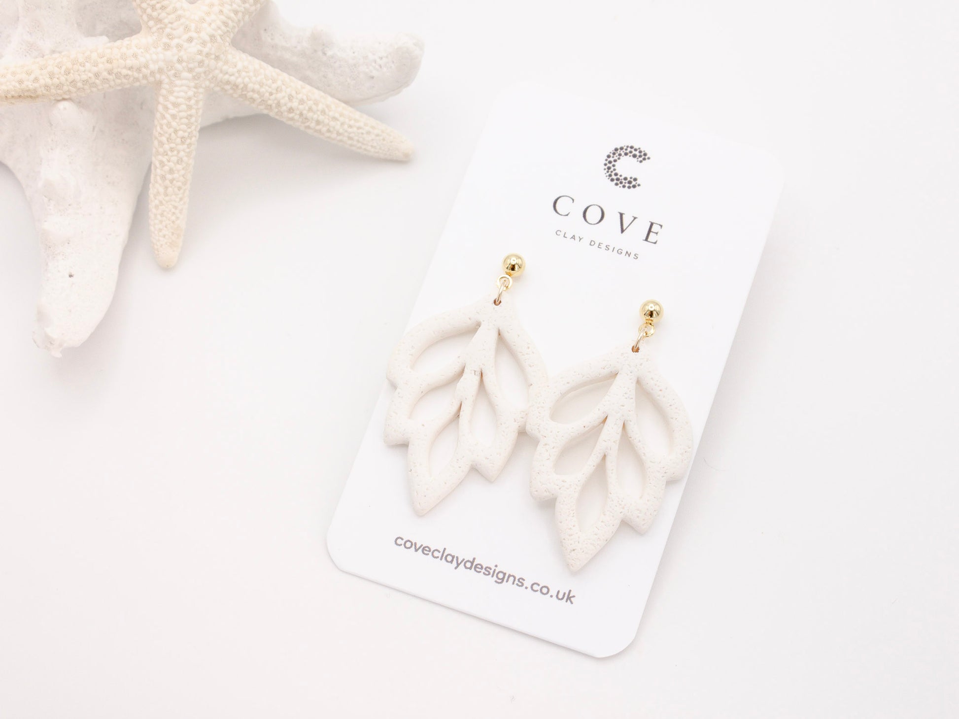 Handmade White Leaf Polymer Clay Dangle Earrings 