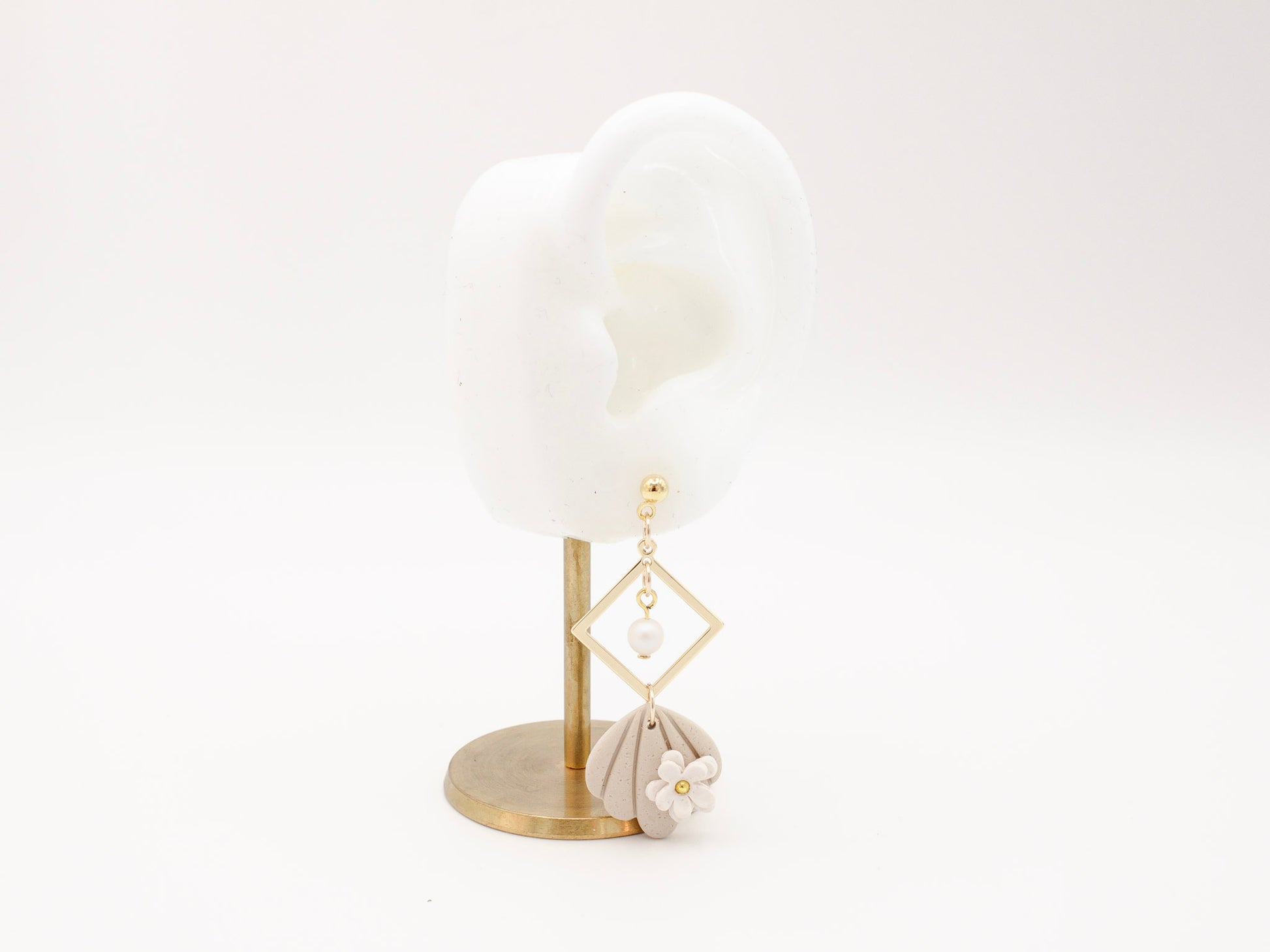 Handmade Beach Shell Polymer Clay Earrings with White Flower by Cove Clay Designs