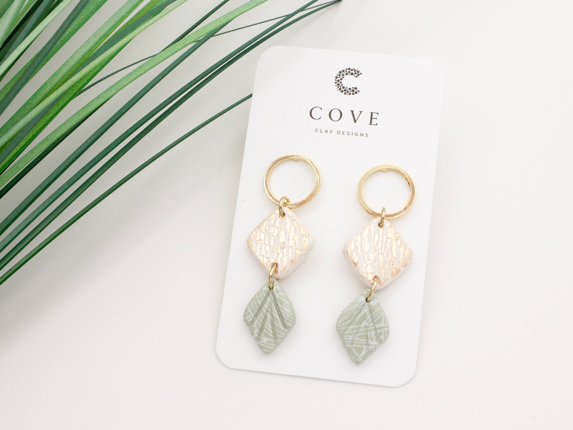 Handmade gold and green tropical vibe dangle earrings with gold hoop by Cove Clay Designs