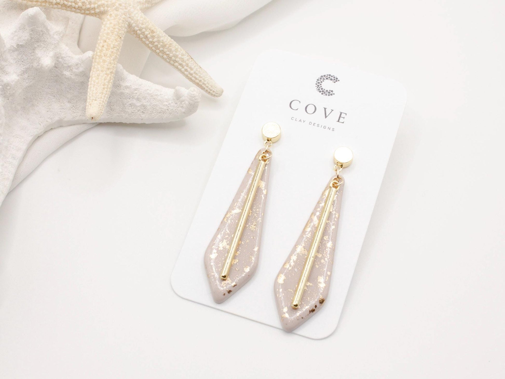 Handmade long dusty mauve dangle clay earrings with gold stud posts.