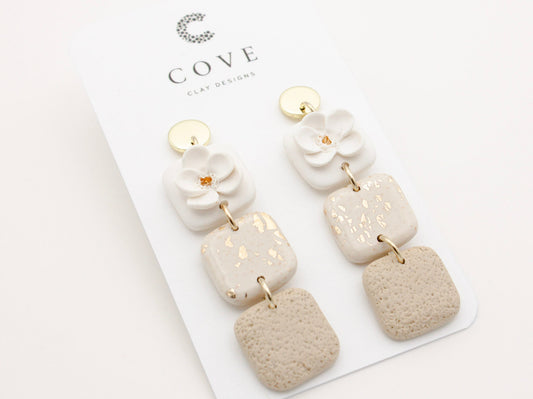 Handmade Square Flower Dangle Polymer Clay Earrings by Cove Clay Designs