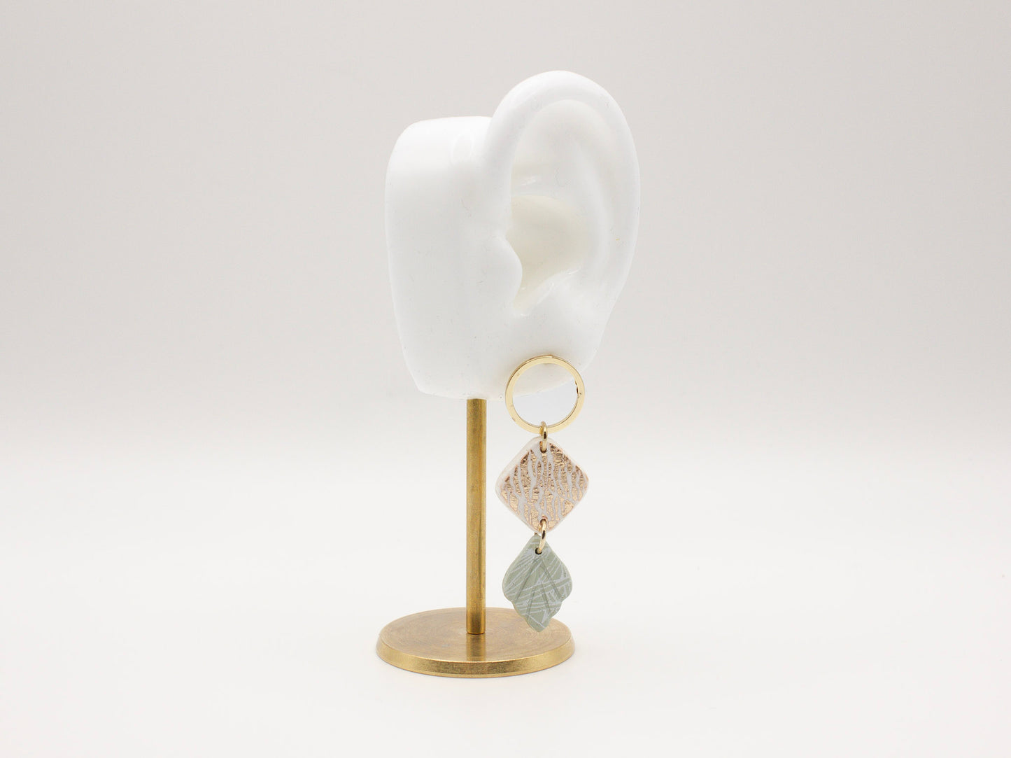 Handmade gold and green tropical vibe dangle earrings with gold hoop by Cove Clay Designs