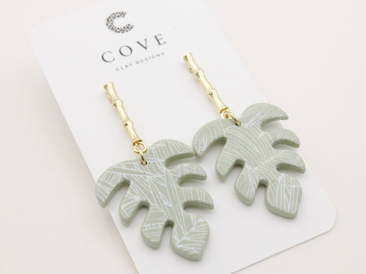 Handmade tropical green palm leaf clay earrings with gold posts