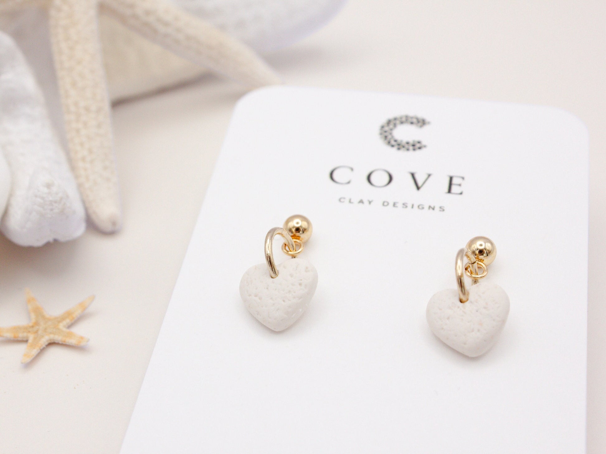 COVE Clay Designs Handmade Mini White Heart Polymer Clay Beach Earrings