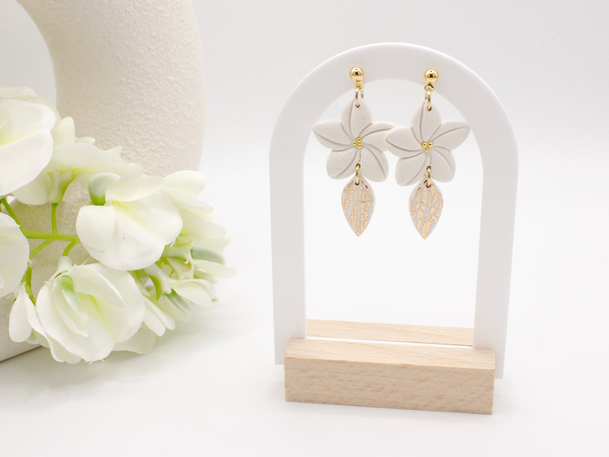 Handmade white plumeria tropical flower clay earrings