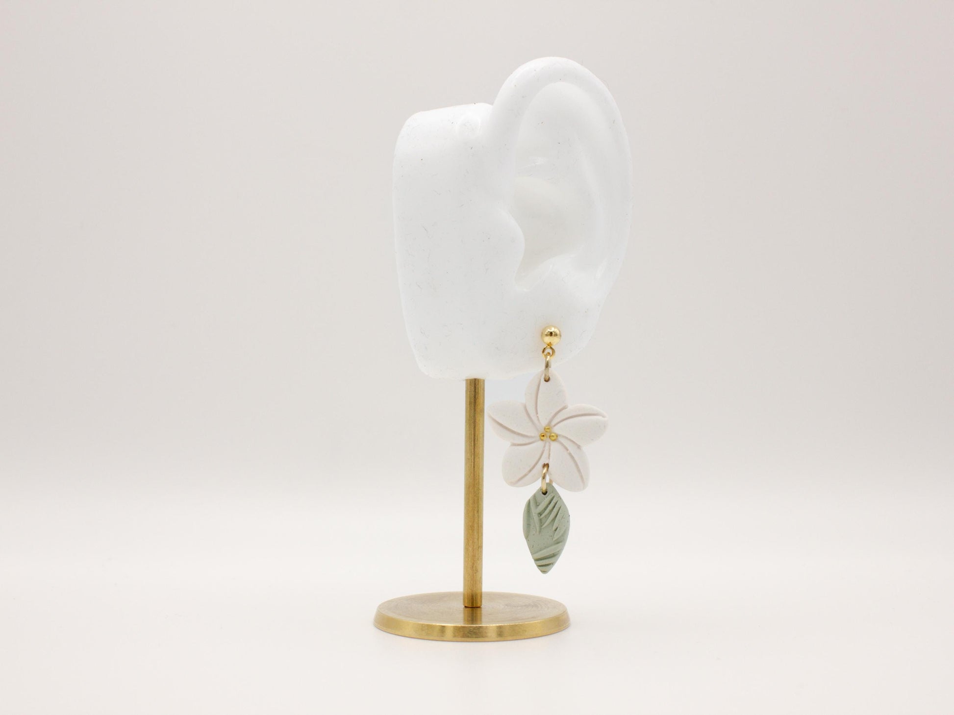 Handmade white plumeria tropical Hawaiian flower clay earrings by Cove Clay Designs